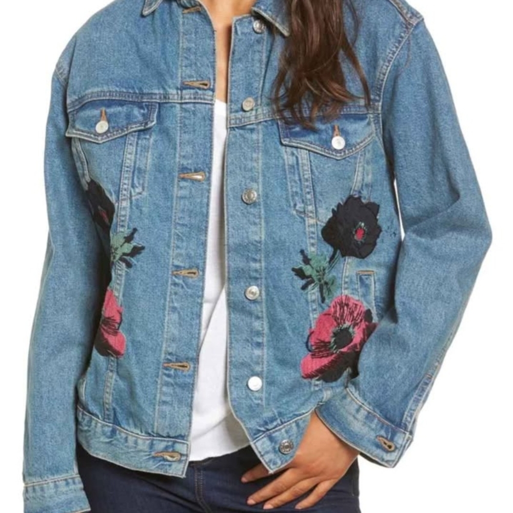 Topshop Blue Denim Jacket with Floral Embroidery